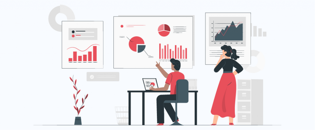 Vector graphic man and woman checking and controlling graphs and analytics