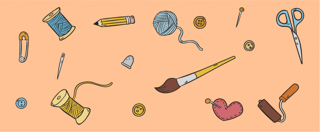 DIY tools on an orange background including brush, pencil, sewing kit, knob, needle, staple, thimble, and scissors