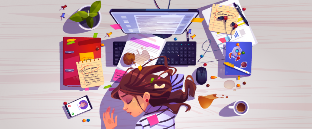 Vector girl sleeping over the desk with her work during phone ringing in an unclean environment