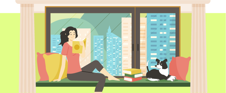 Woman laying on the green sofa and reading a yellow book while dog watching her