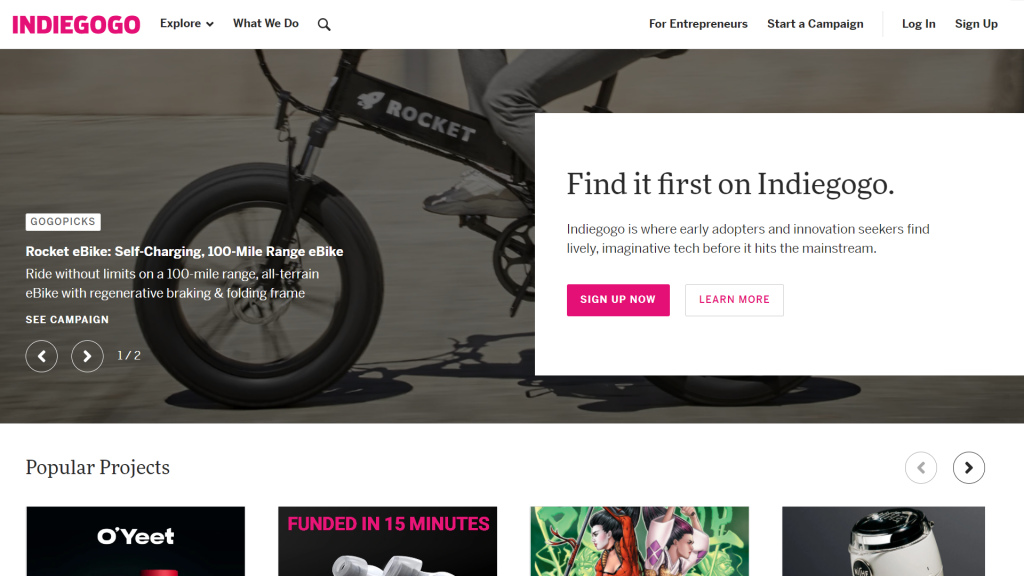 Screen of Indiegogo front page