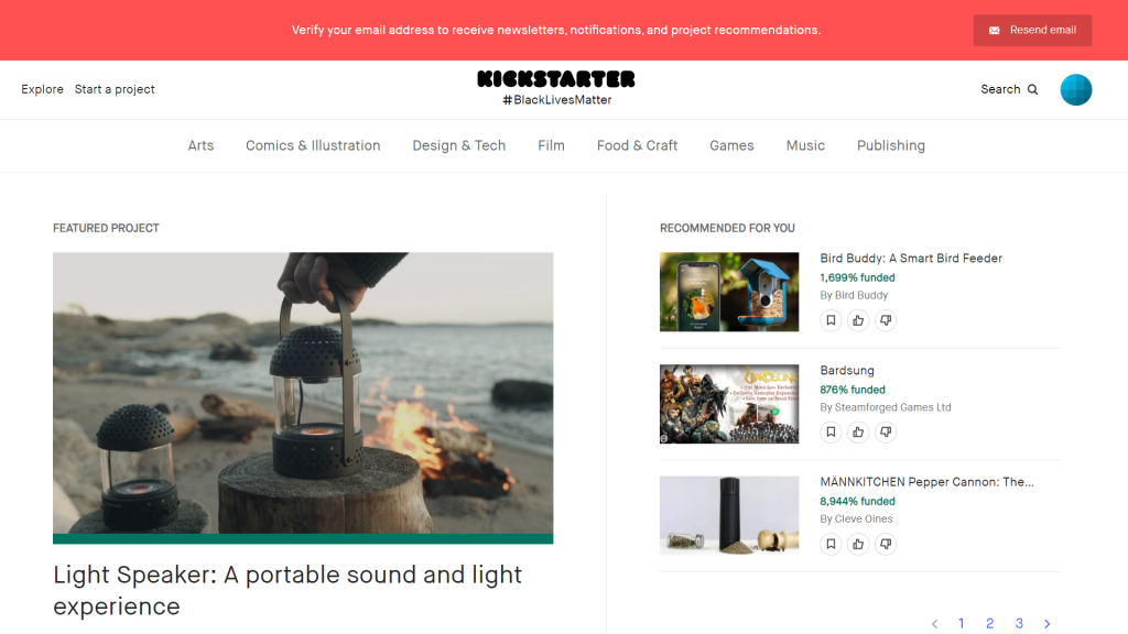 Screen of Kickstarter front page