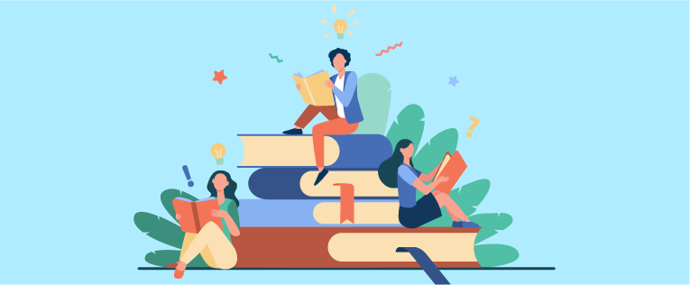 Vector graphic of 3 women sitting on enlarged books while reading books