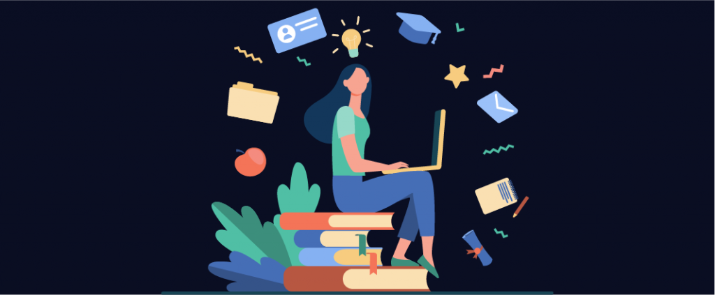 Vector girl sitting on a pile of books and learning from the laptop