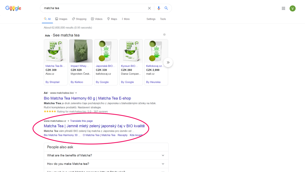 A screen of matcha tea searched by Google