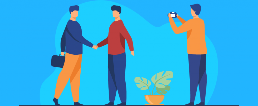 Vector figure capturing friendly business meeting on camera