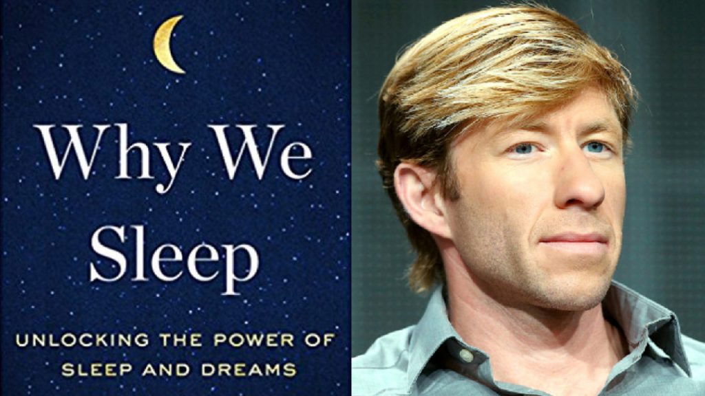 Why we sleep book title page, bookbinding, and photo of author Matthew Walker