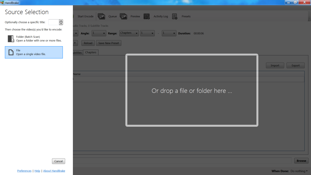 Screen of Handbrake file choosing