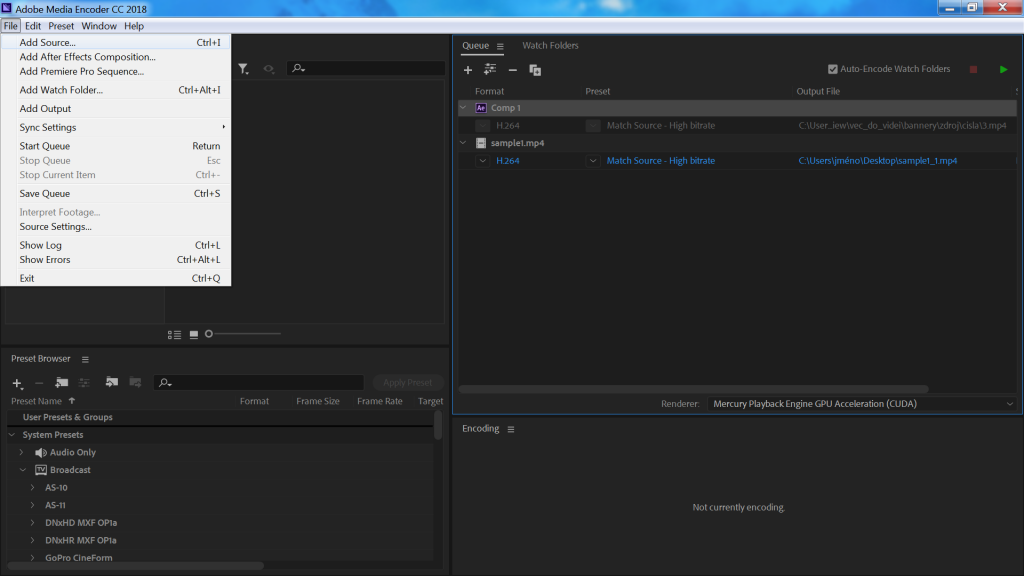 Screen of adding source into Adobe Media Encoder 