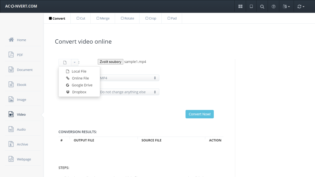 Screen of Convert video online with AConvert