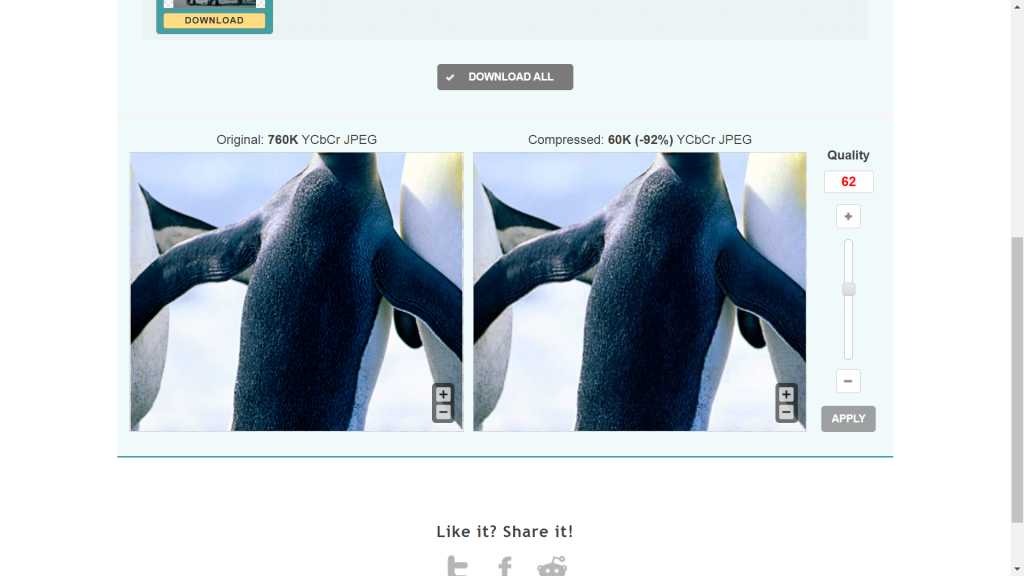 Screen of Optimizilla picture compression comparison before and after