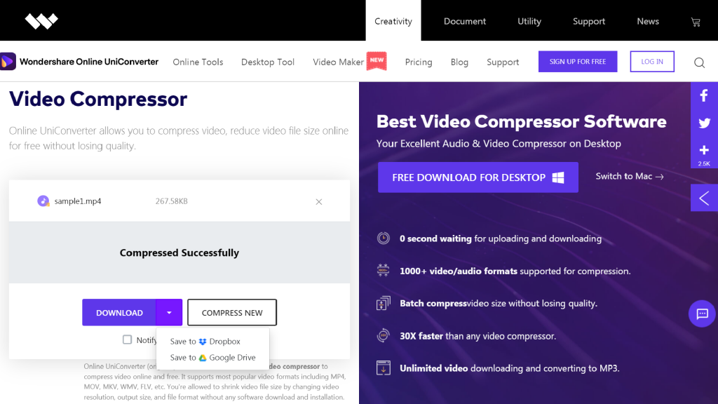 Screen of compressed successfully Media.io