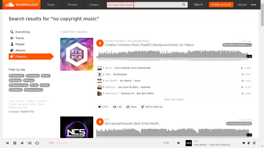 screen of no copyright music on Soundcloud