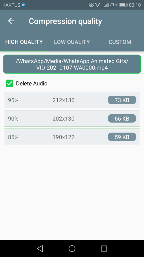 Screen of choosing compression quality in MobileIdea Studio (Video Compressor)