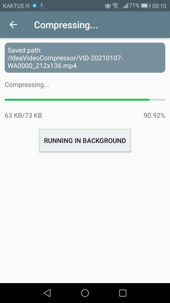 Screen of MobileIdea Studio (Video Compressor) proceed compression