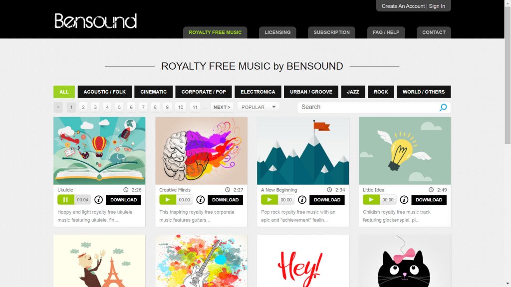 Screen of royalty-free music by Bensound