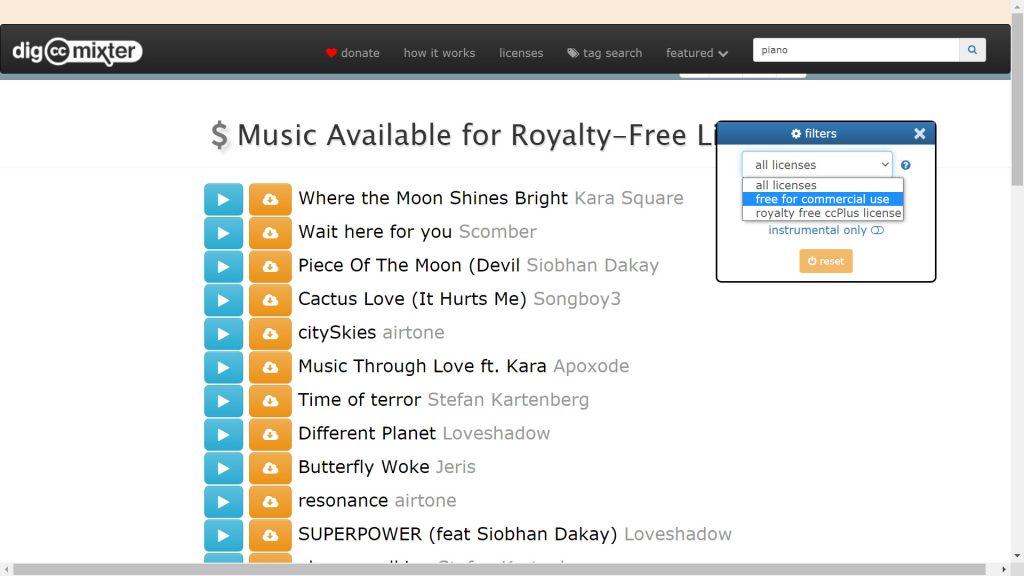 screen of available music of royalty-free music on dig.ccMixter