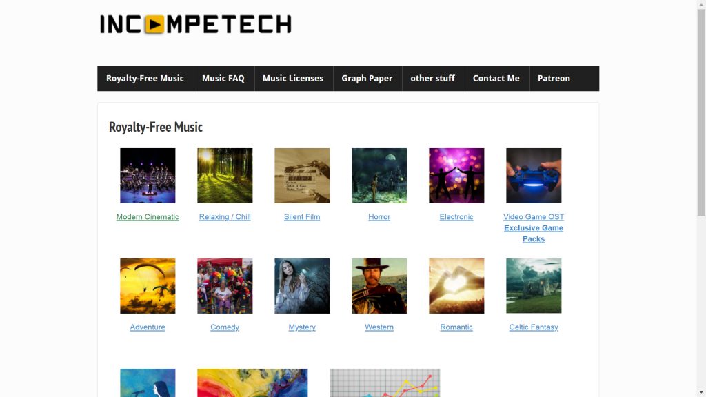 Screen of royalty-free music on Incompetech